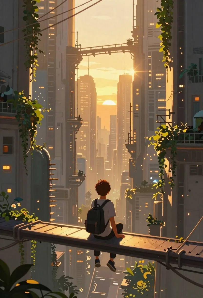 Digital Painting Lone Figure Sitting Narrow Bridge Overlooking Towering Futuristic reference photo