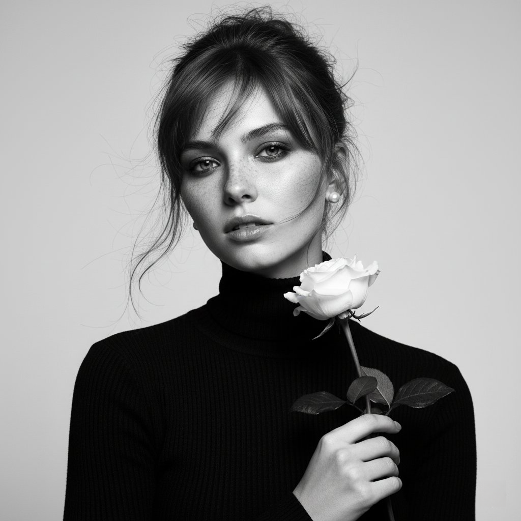 A black and white portrait of a woman in a turtleneck, holding a white rose near her face, with wind-blown hair and dramatic lighting.