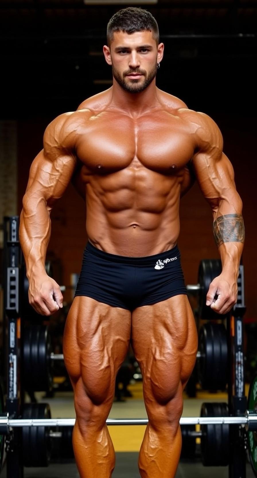 Very Muscular Short Dark Hair Tanned Skin