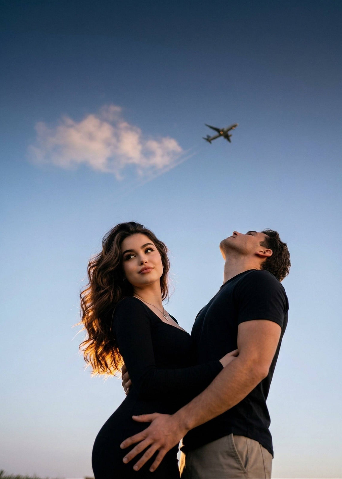 A couple at the bottom of the frame illuminated by warm light, with a plane flying in the clear blue sky above.