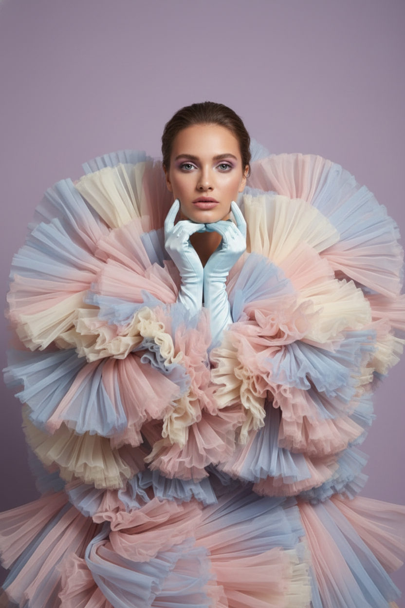 A dreamy high-fashion portrait of a woman in a couture gown made of oversized ruffled fabric, featuring soft pastel gradients.