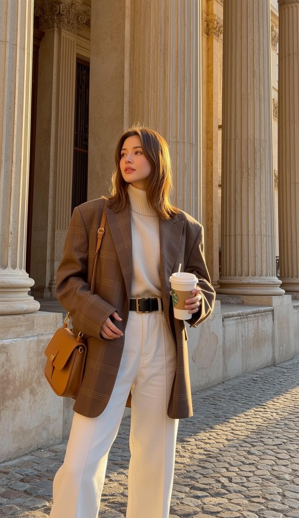 Plaid Blazer Holding Coffee By Columns