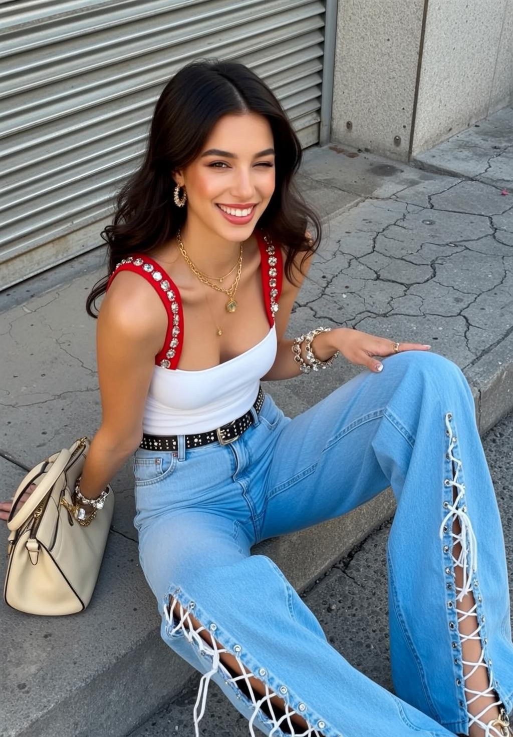 Rhinestone Tank Top Jeans Sitting On Urban Steps