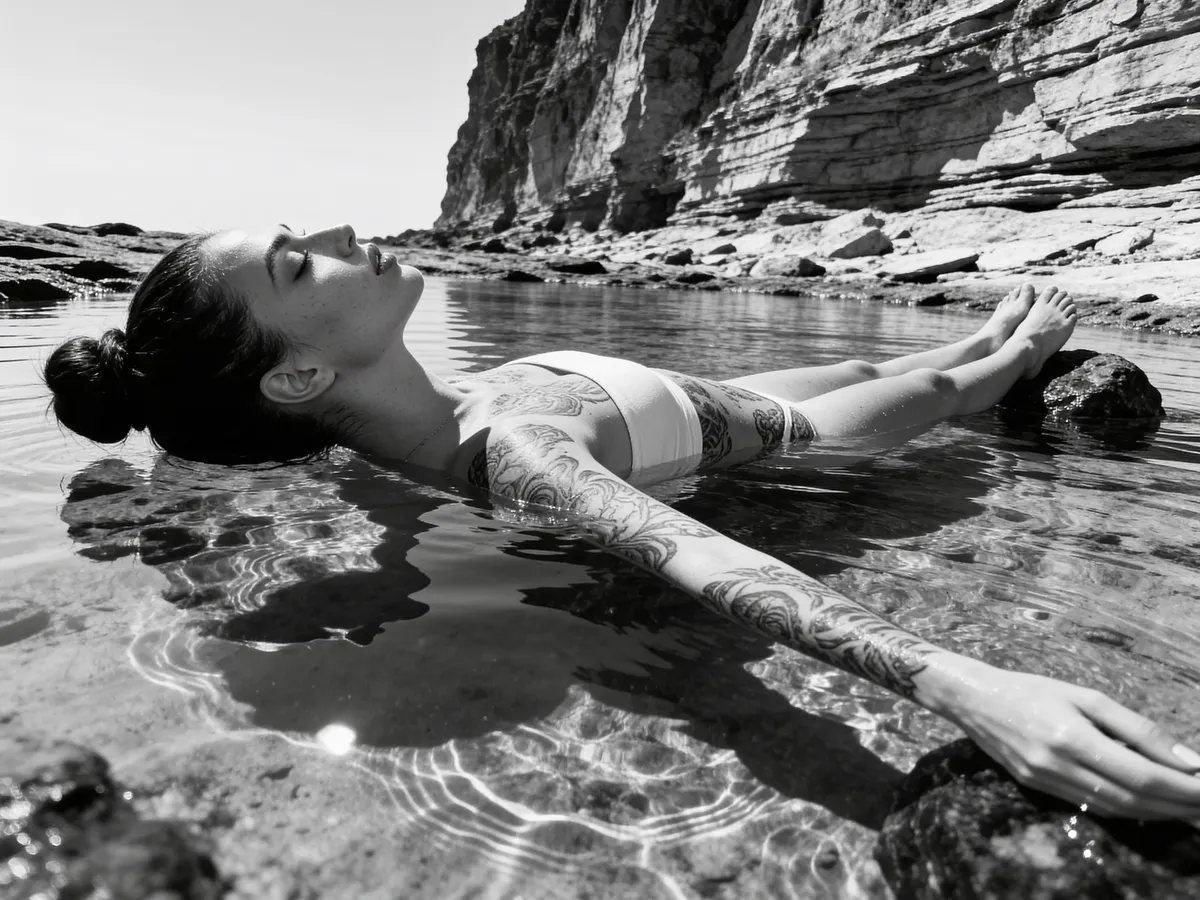 Black And White Landscape Tide Pool Supine With Tattoos