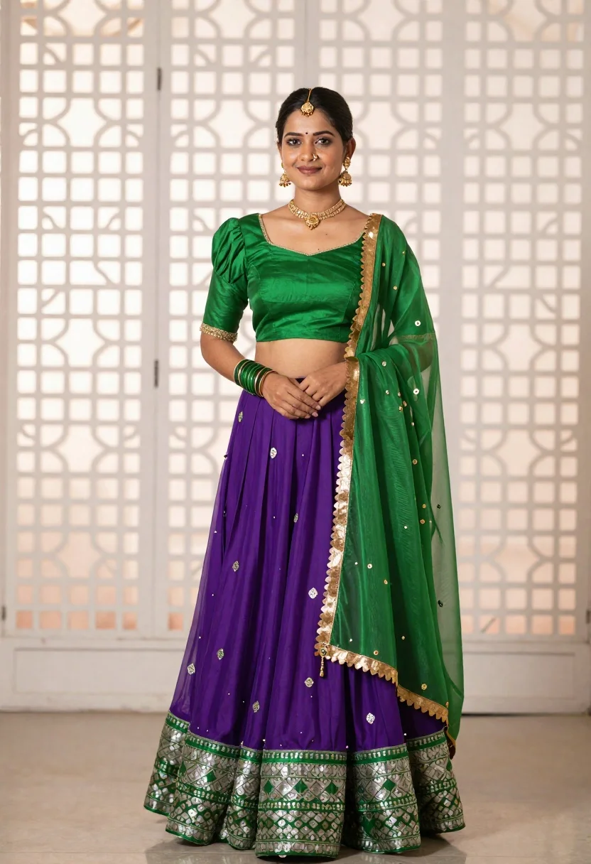 Woman Stands Gracefully Vibrant Green And Purple Traditional Indian Outfit reference photo