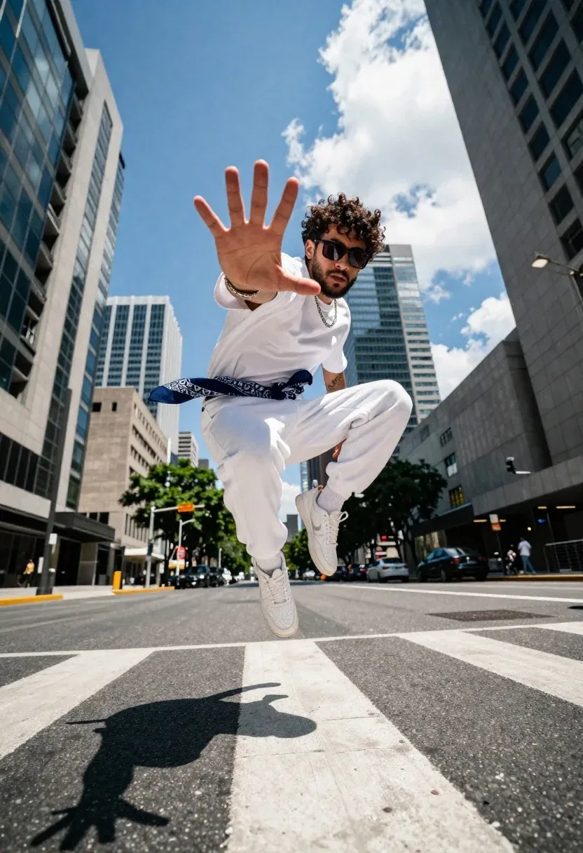 Dynamic Low-angle Shot Young Man Mid-air Performing Jump Urban City