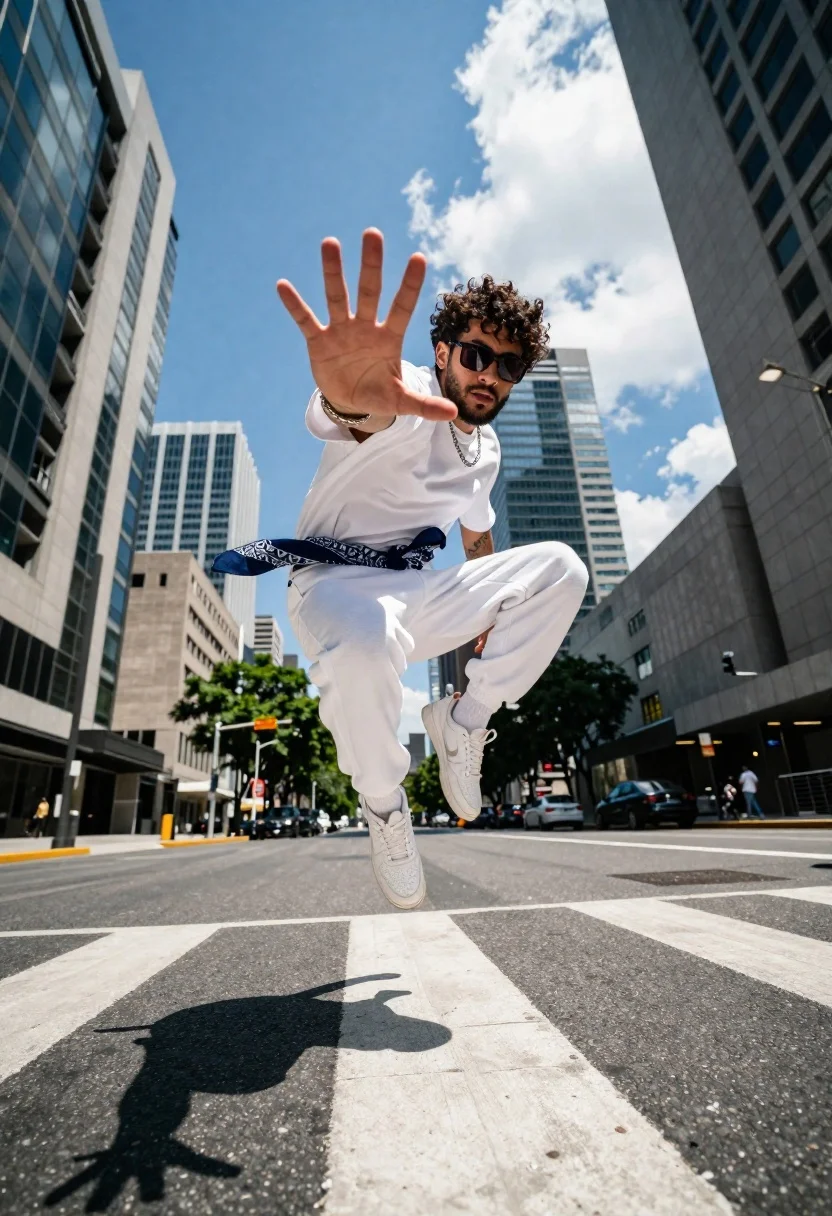 A young man mid-air performing a jump on an urban city street, captured from a low angle emphasizing height and dynamic energy.