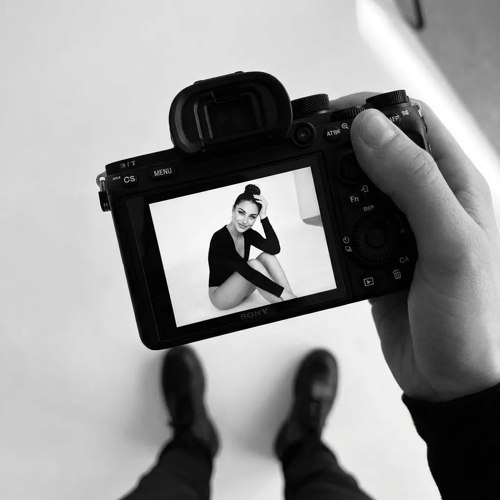 Photographer Looking Down At Camera Screen Monochrome Studio
