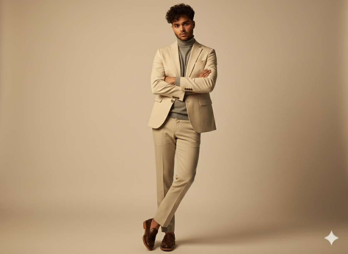 A male model in a tailored cream blazer and grey turtleneck, leaning against a beige wall with soft golden lighting.