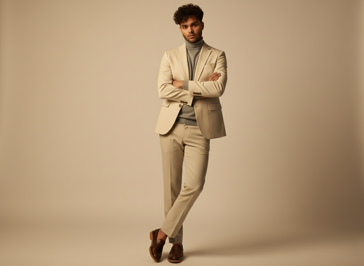 A male model in a tailored cream blazer and grey turtleneck, leaning against a beige wall with soft golden lighting.