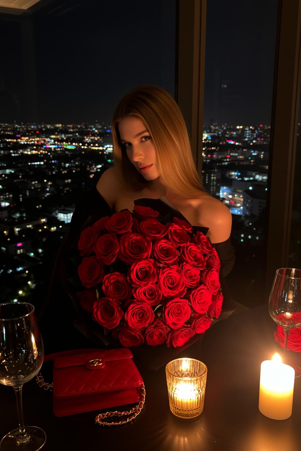 Explore Seated Holding Large Bouquet Deep Red