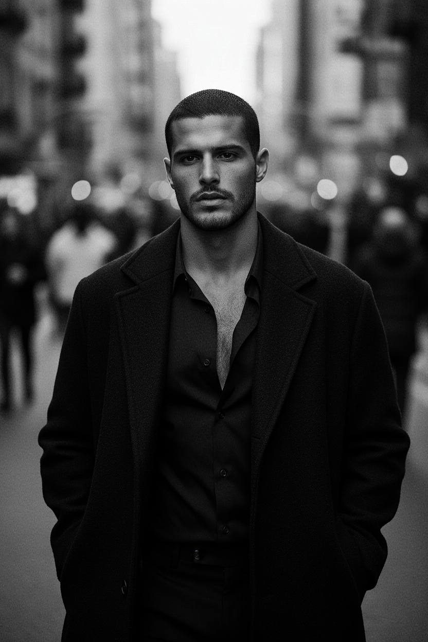 A cinematic black and white portrait of a man walking confidently in an urban setting, wearing a black shirt and dark coat.
