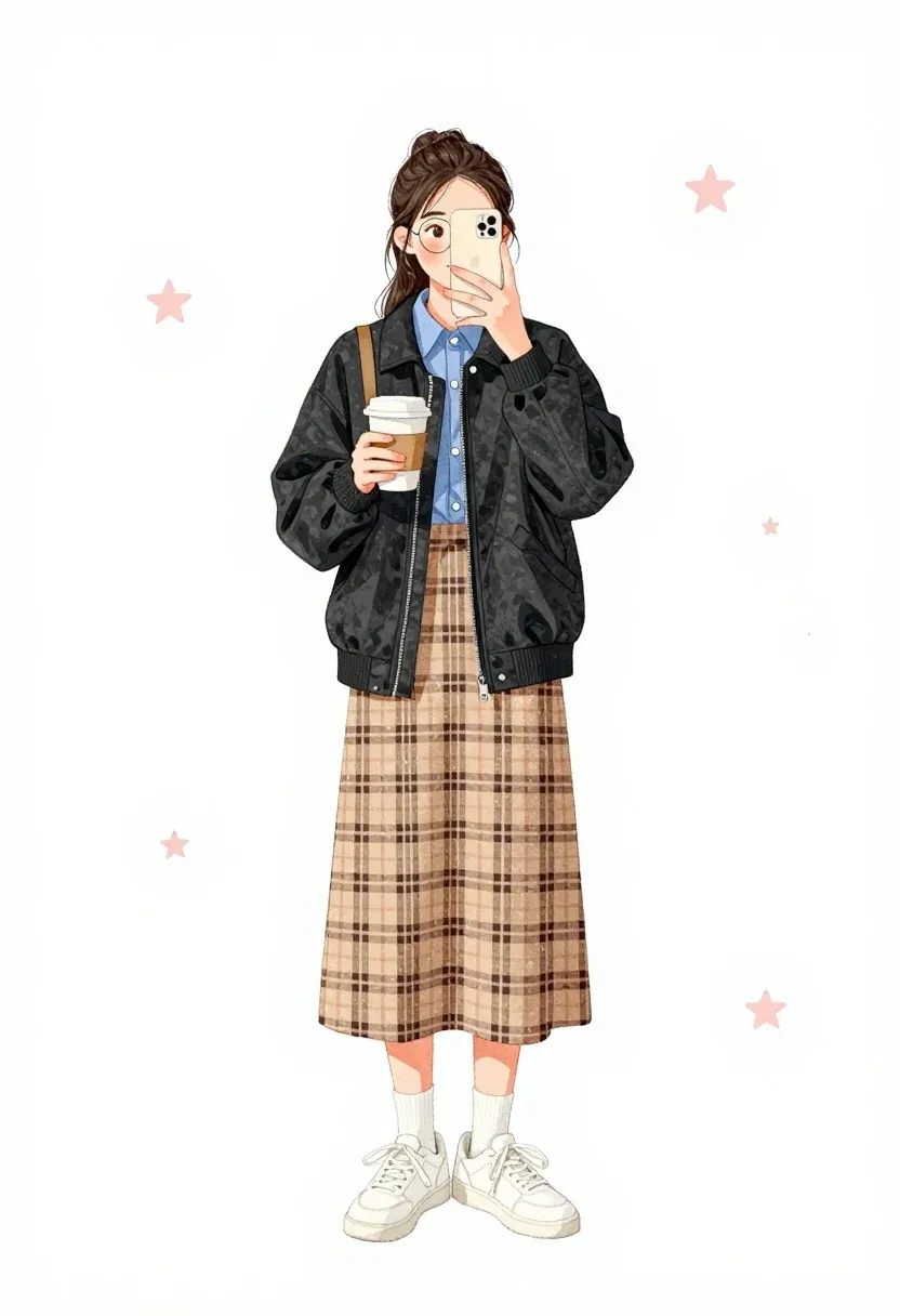 Full-body Illustration Young Woman Taking Mirror Selfie While Holding Coffee
