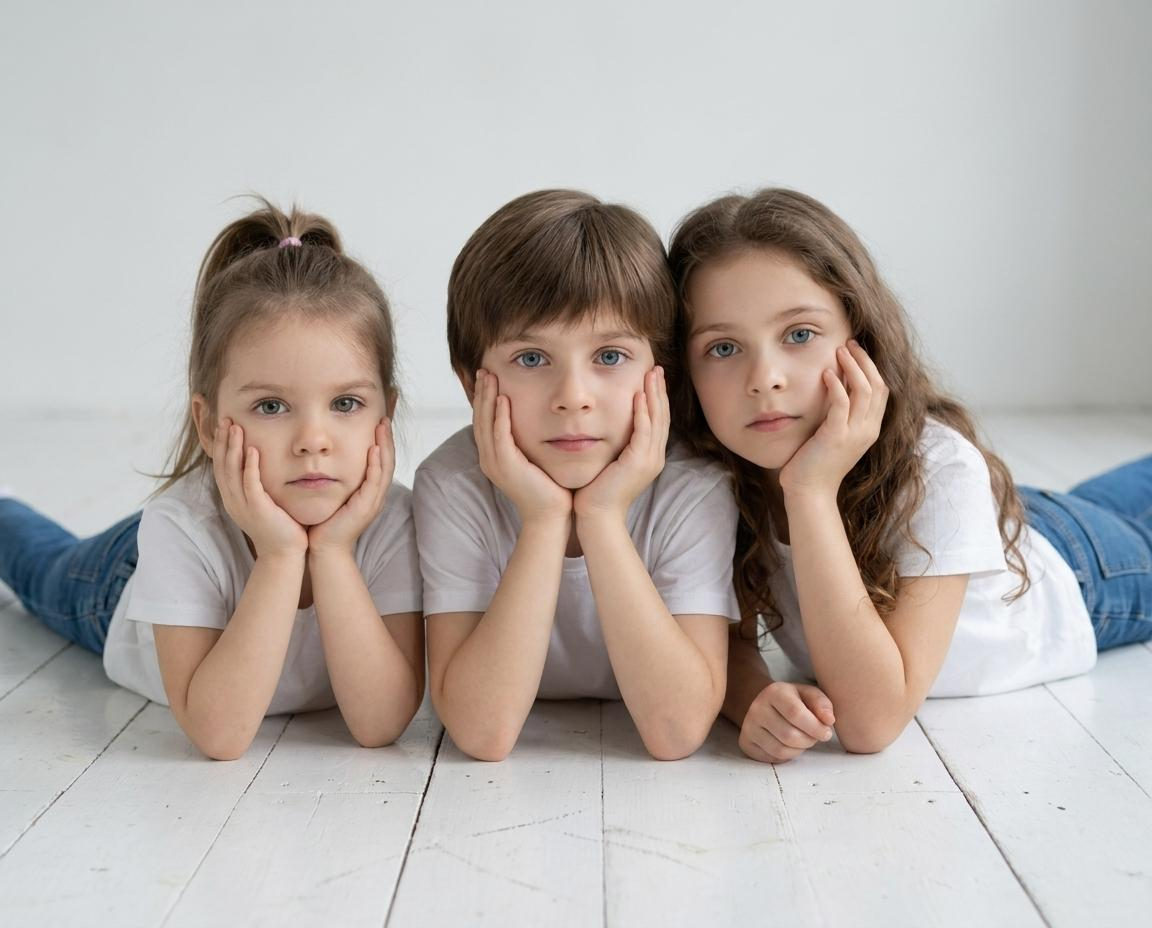 Three children resting their chins on their palms, wearing white t shirts and blue jeans on a light wooden floor.