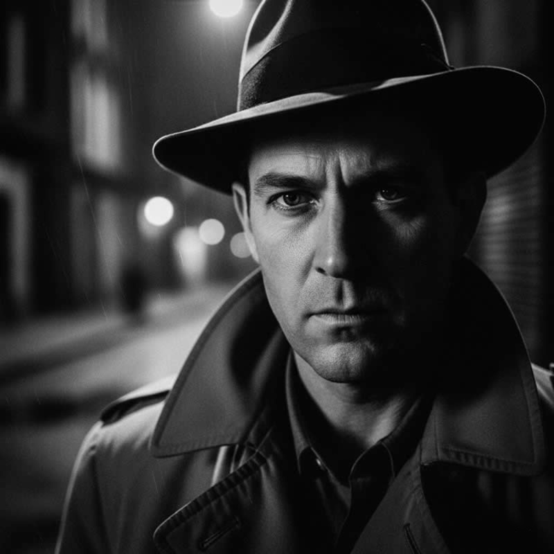 A black and white portrait of a detective in classic noir style.
