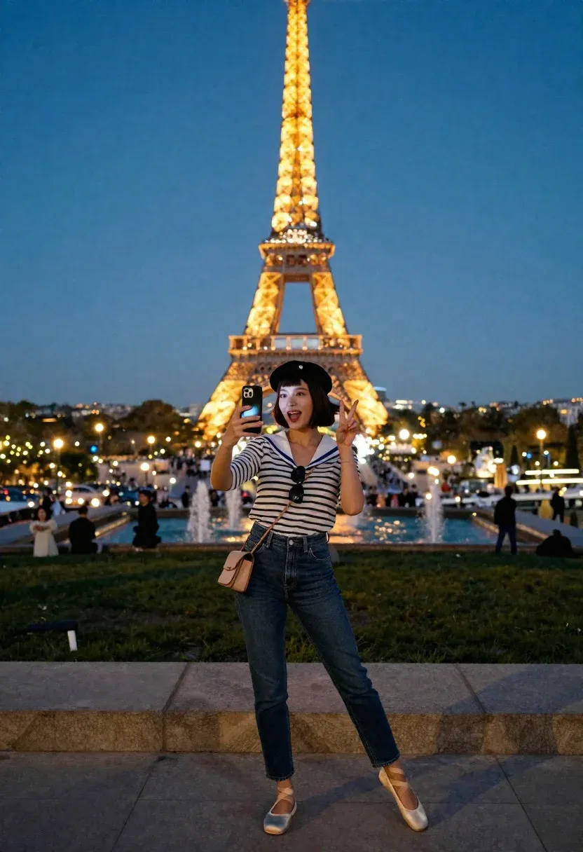 Classic Parisian Romance Scene Stylish Tourist Woman Capturing The Eiffel