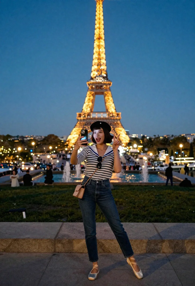 Classic Parisian Romance Scene Stylish Tourist Woman Capturing The Eiffel reference photo
