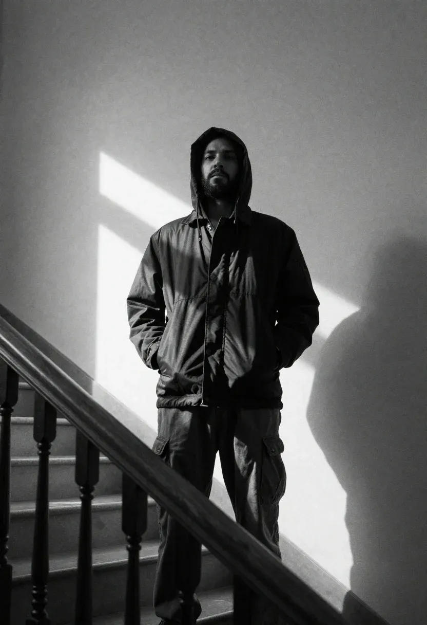 Grainy Black-and-white Portrait Bearded Man Standing Indoor Staircase With The
