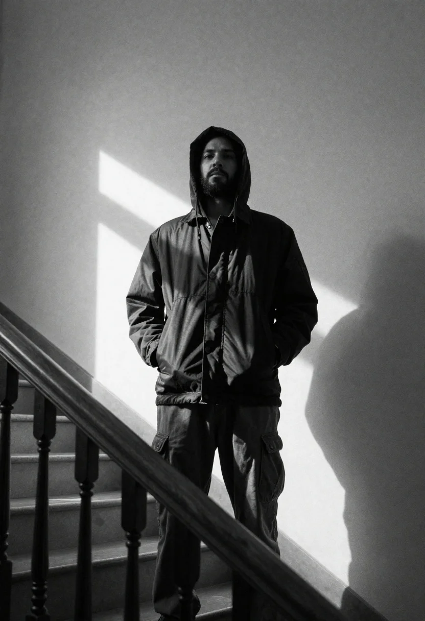 Grainy Black-and-white Portrait Bearded Man Standing Indoor Staircase With The reference photo