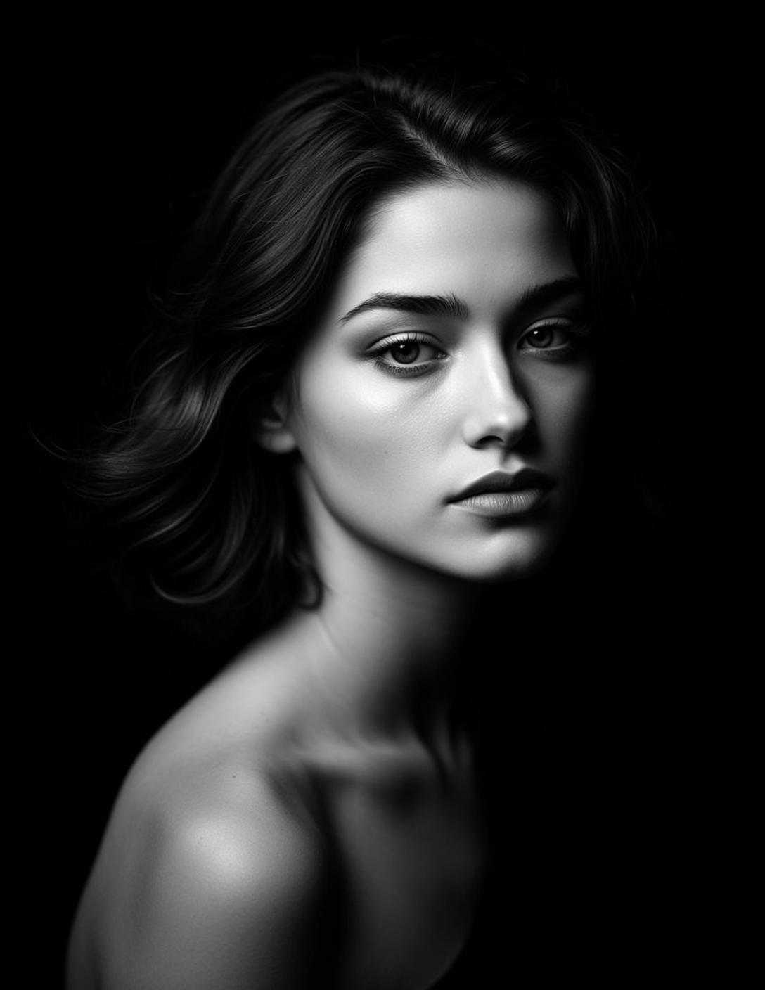 Photorealistic Black And White Medium Shot Portrait Young Woman With