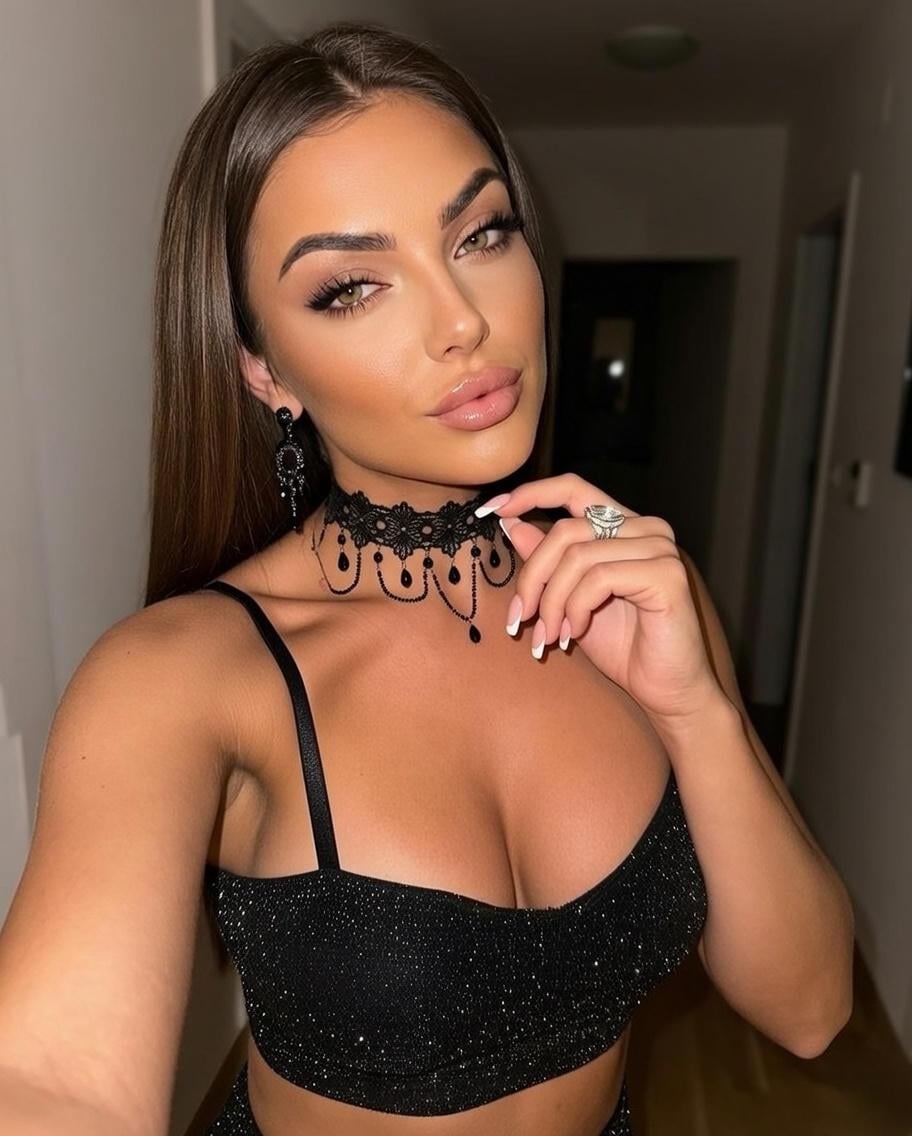 Sparkly Crop Top Lace Choker Dimly Lit Hallway