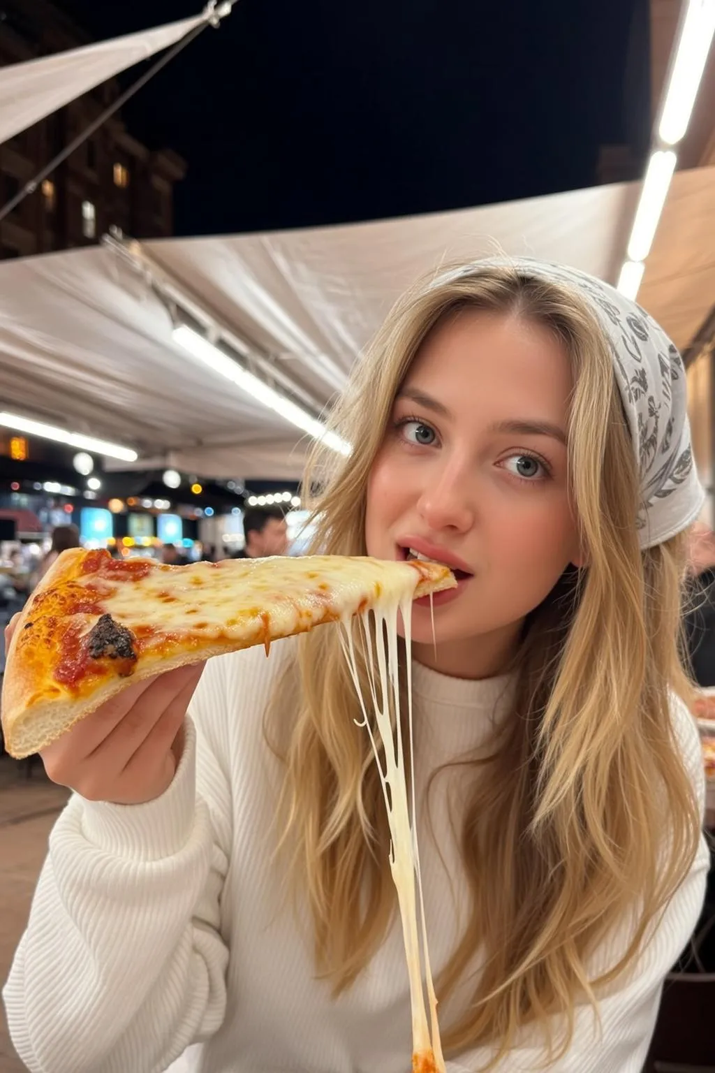 Explore Holding Slice Pizza Cheese Stretching Her