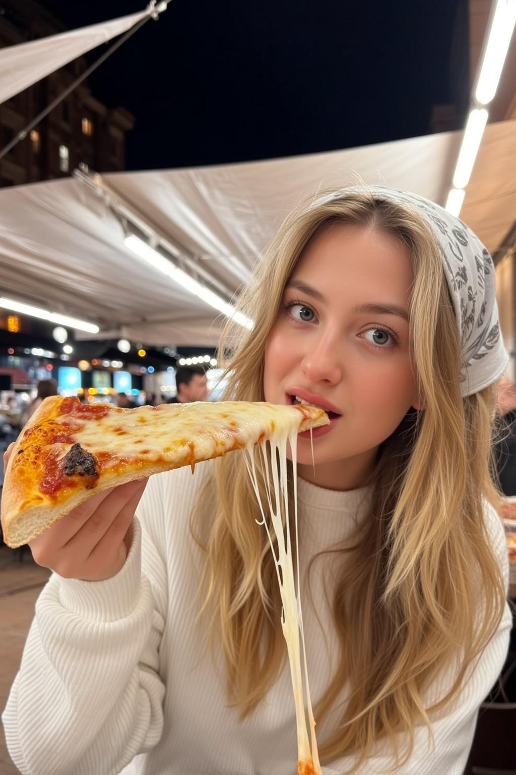 Explore Holding Slice Pizza Cheese Stretching Her reference photo