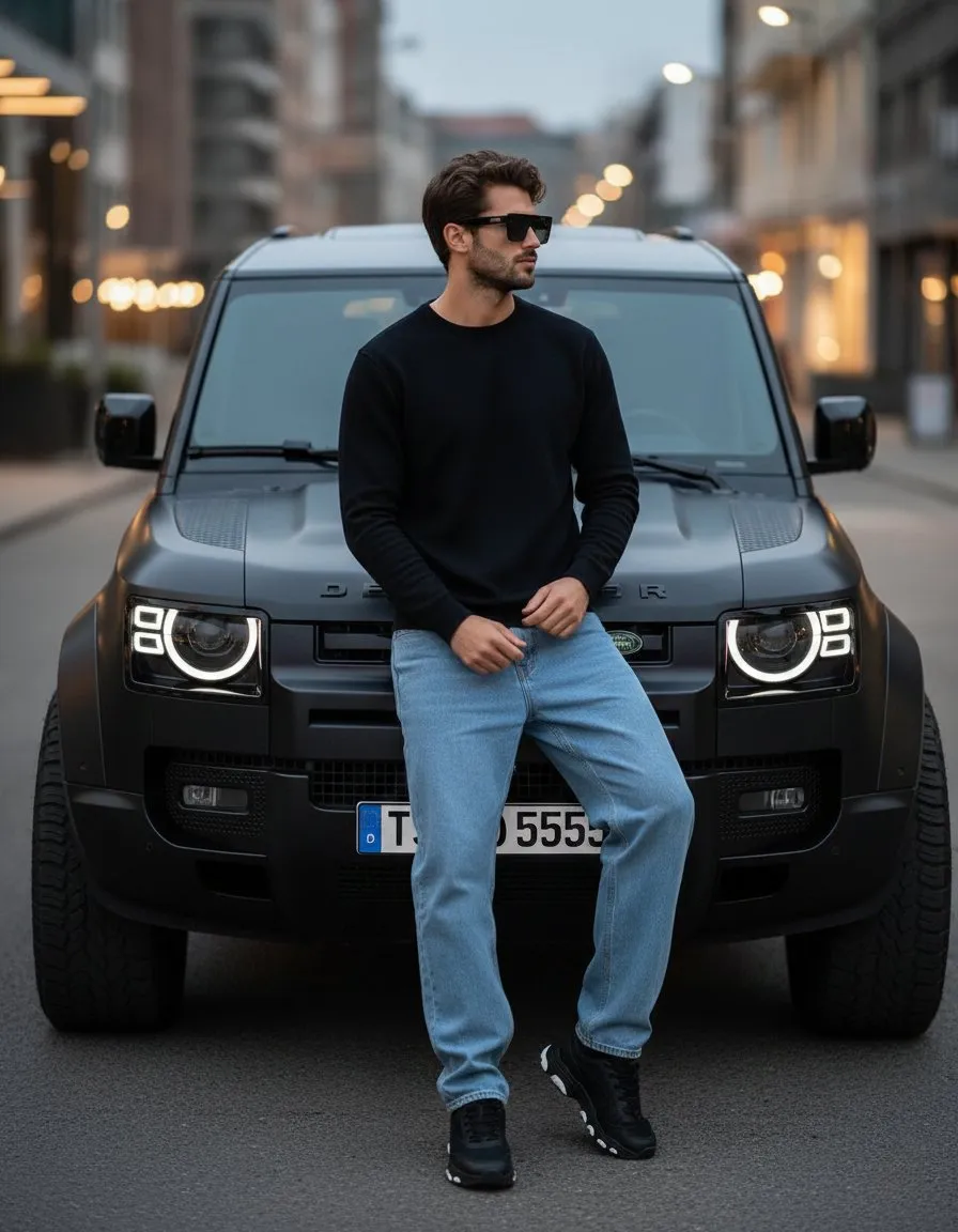 Black Sweater And Jeans Leaning On Land Rover