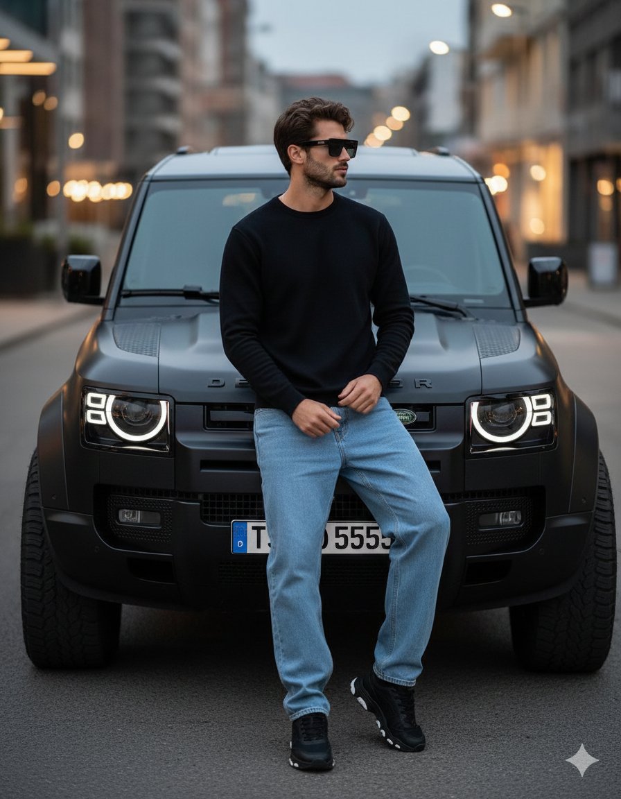 Black Sweater And Jeans Leaning On Land Rover