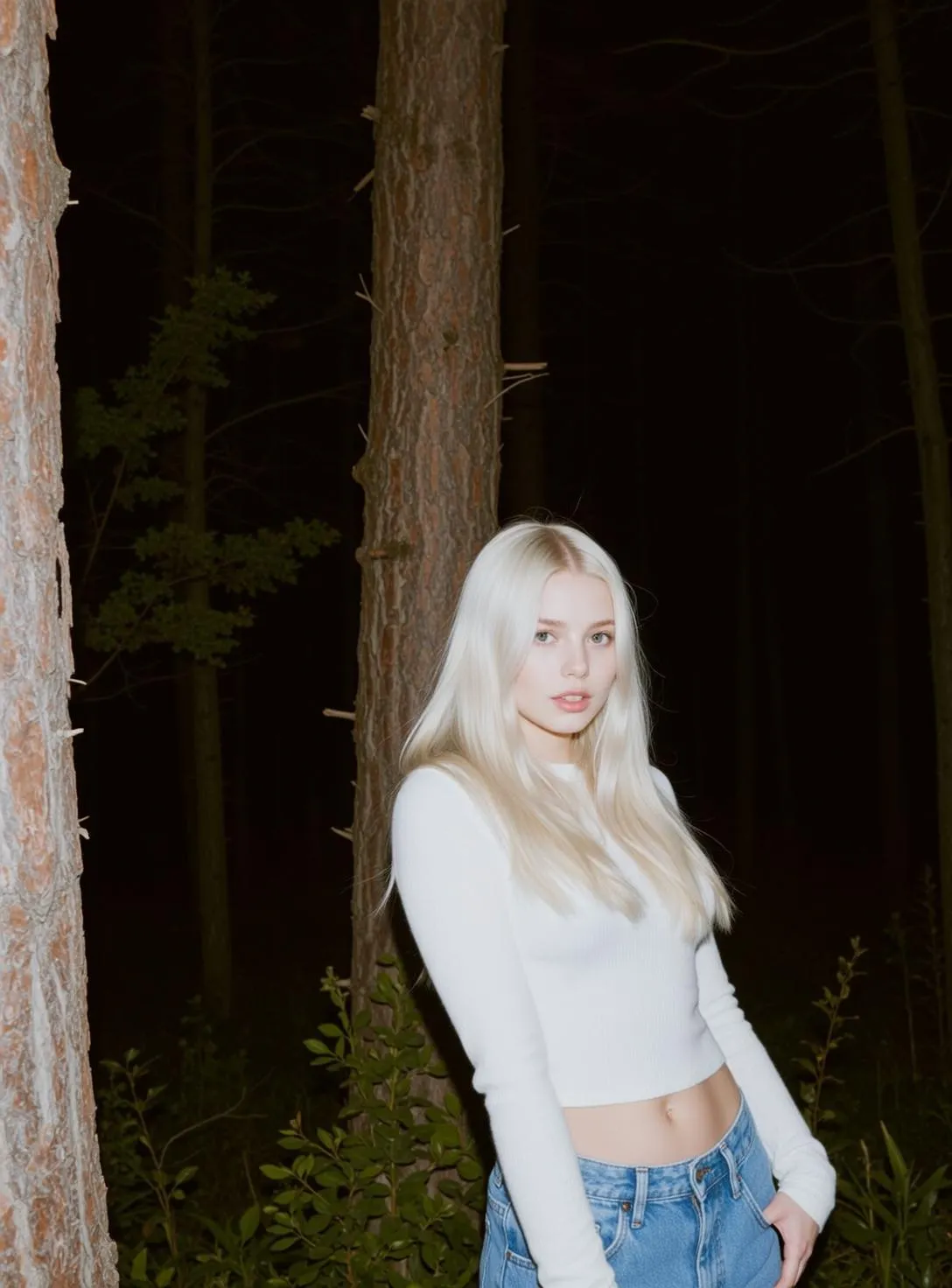 Explore Stands Forest Night Her Body Angled