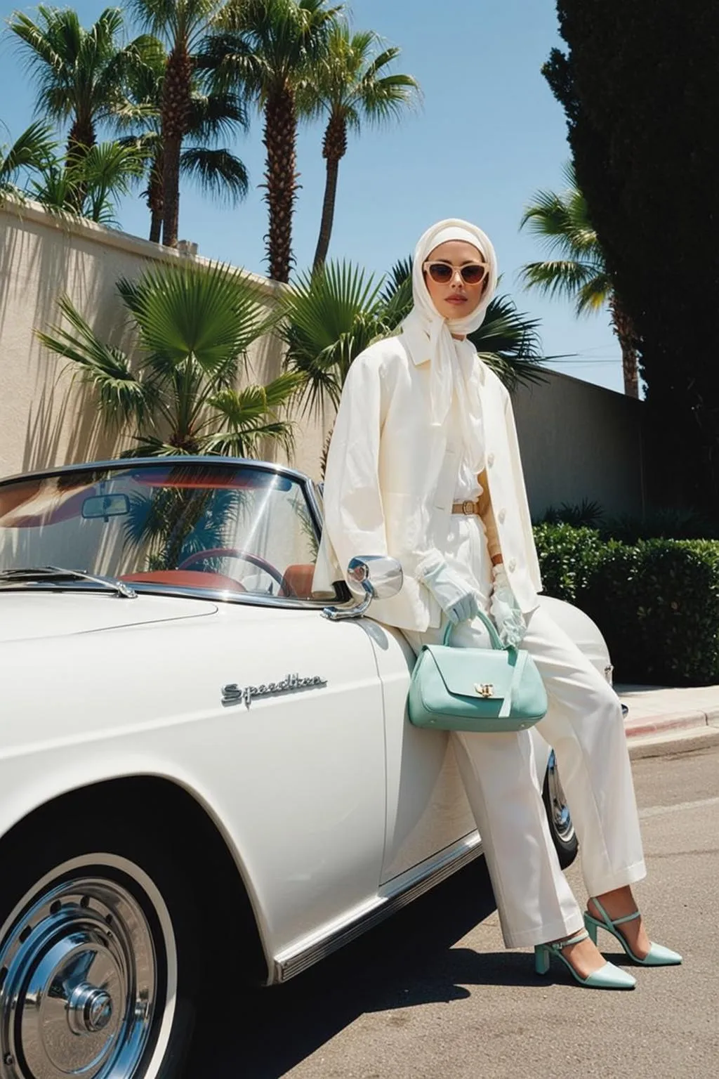 Sunglasses With A White Suit By A Street Convertible