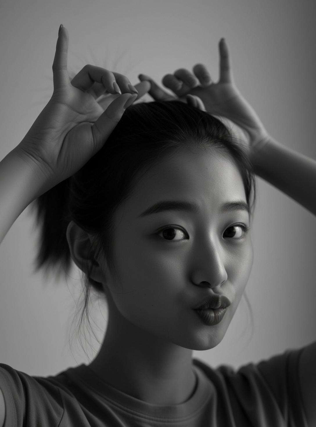 Photorealistic Close-up Black And White Portrait Young East Asian Woman