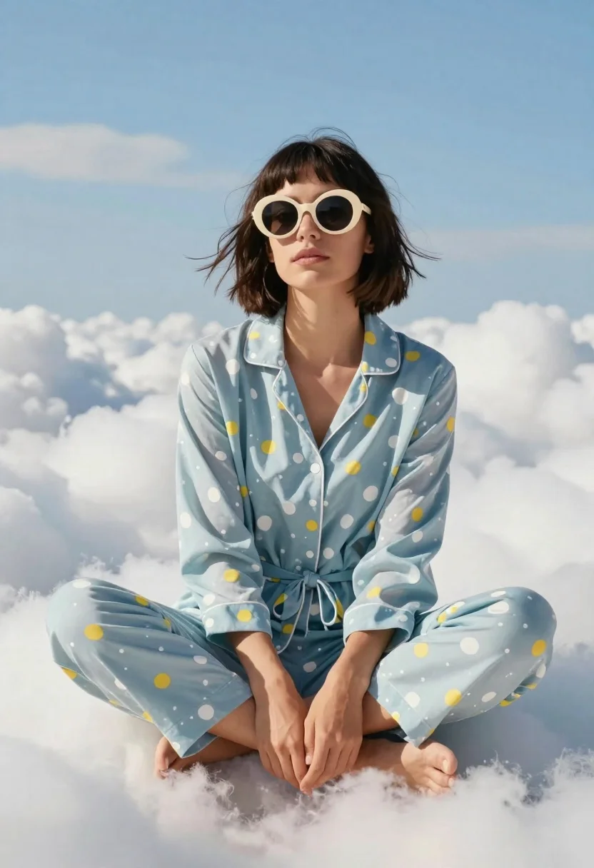 Photorealistic Fashion Shot Woman Sitting Cross-legged Fluffy White Clouds Under reference photo
