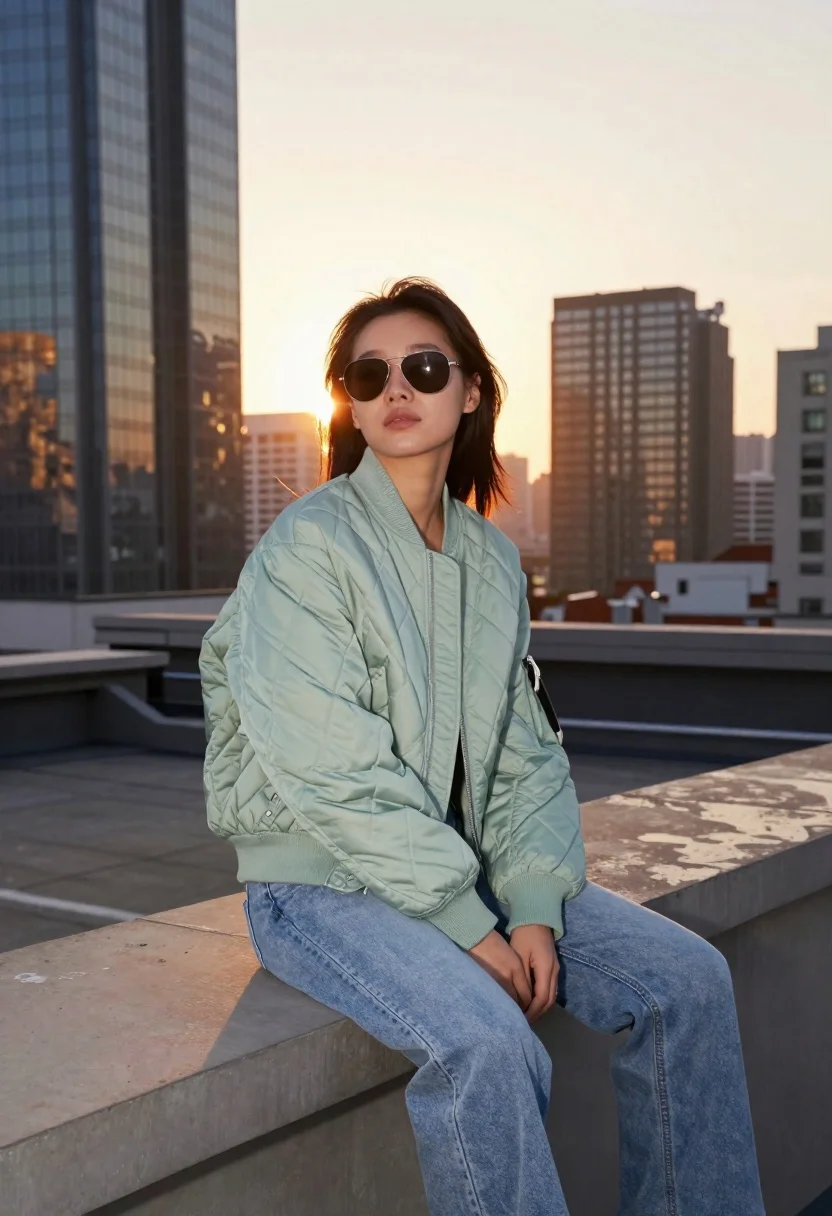 Fashion-forward Portrait Young Woman Sitting Casually The Edge Urban Rooftop reference photo