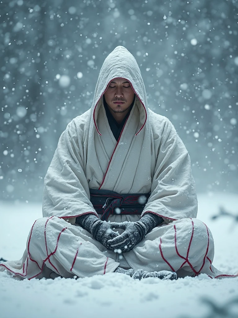 A serene ninja in white clothing meditating in a snowy blizzard, snow accumulating on his still figure.