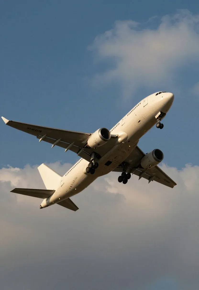 White Commercial Airliner Banking Sharply Through The Sky Subject Large