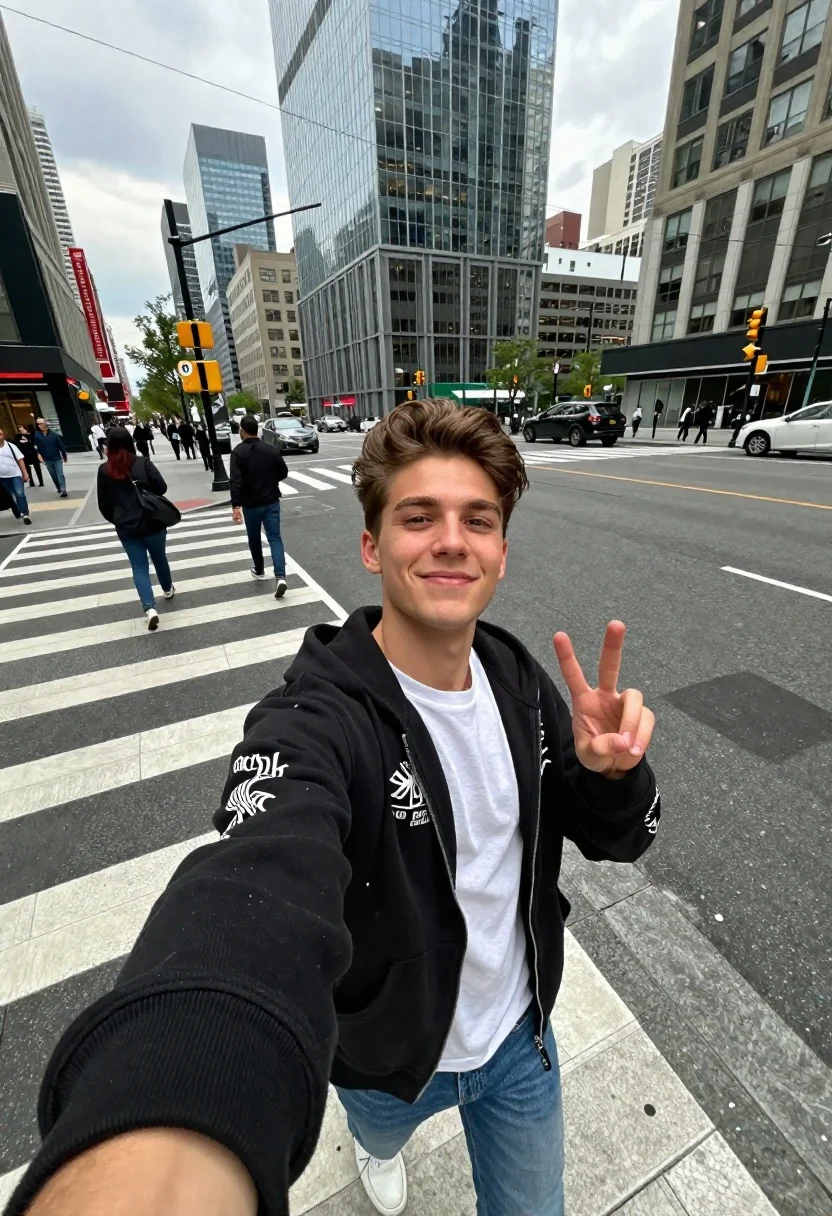 Young Man Takes Selfie The Middle Busy City Crosswalk While