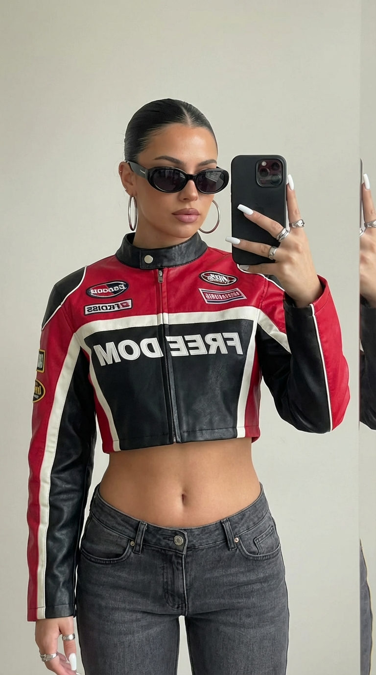 Close-up selfie of a woman in a cropped racing jacket, dark sunglasses, and midriff exposed against a light wall.