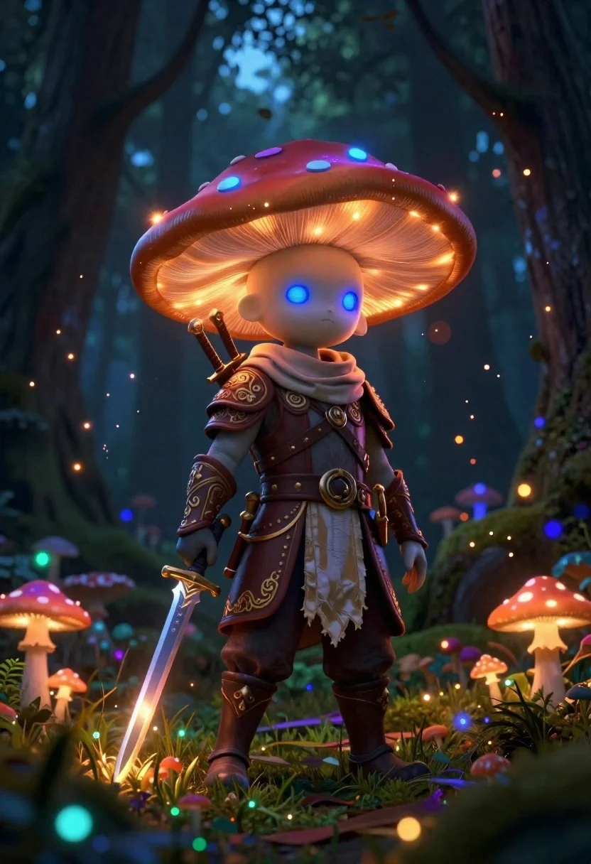 Full Shot Small Anthropomorphic Character Standing Mystical Forest With Glowing reference photo
