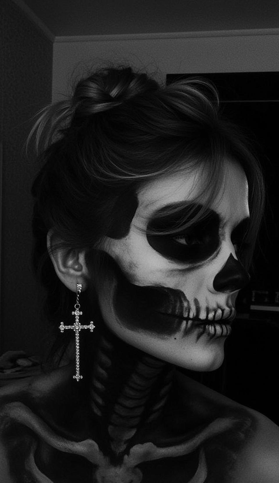 Halloween Makeup Skull Paint Dark Hair Messy