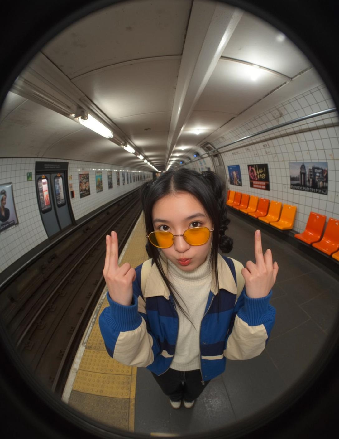 Fisheye Young Asian Long Black Hair Pigtails