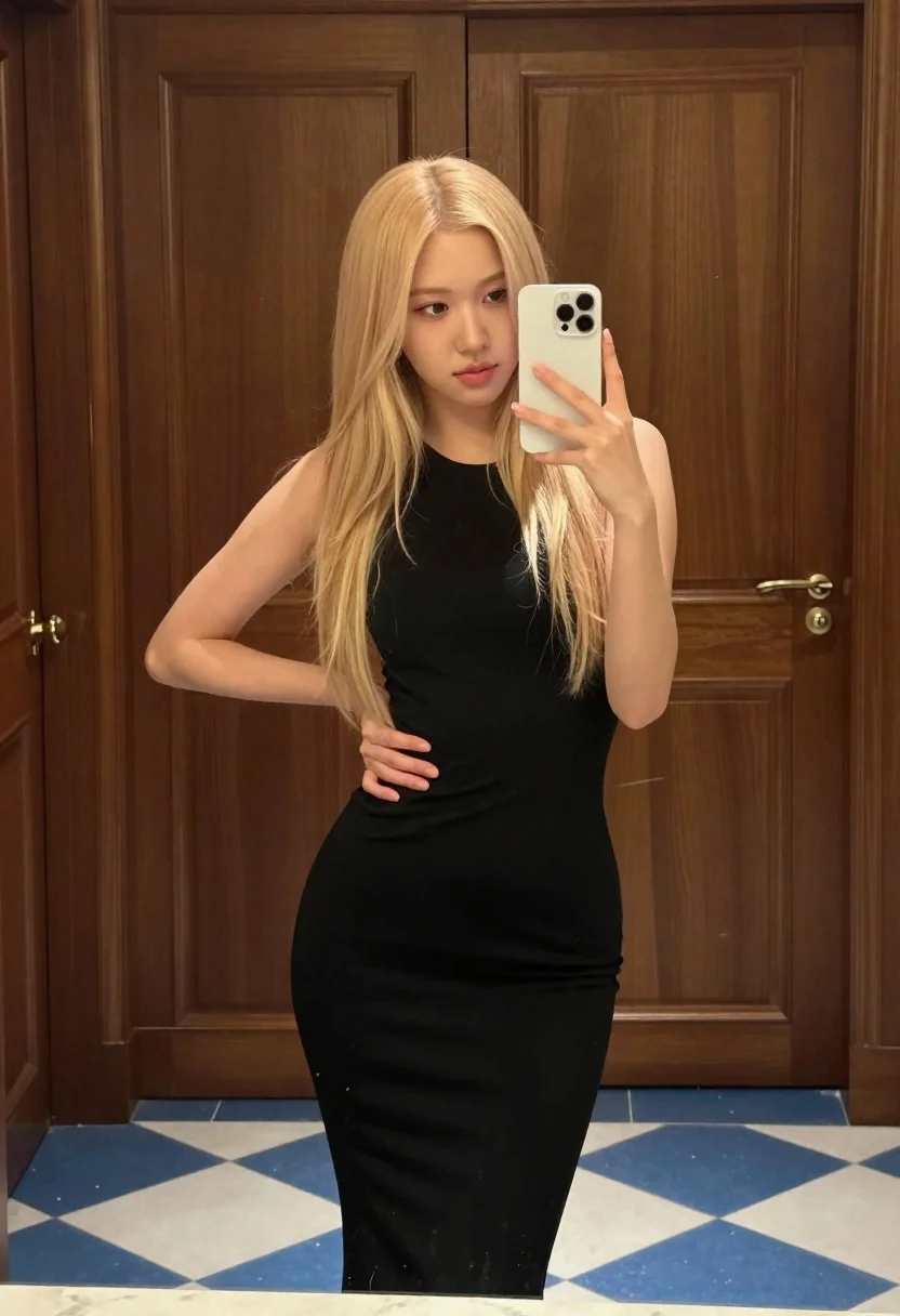 Confident Woman With Long Blonde Hair Takes Mirror Selfie Black reference photo
