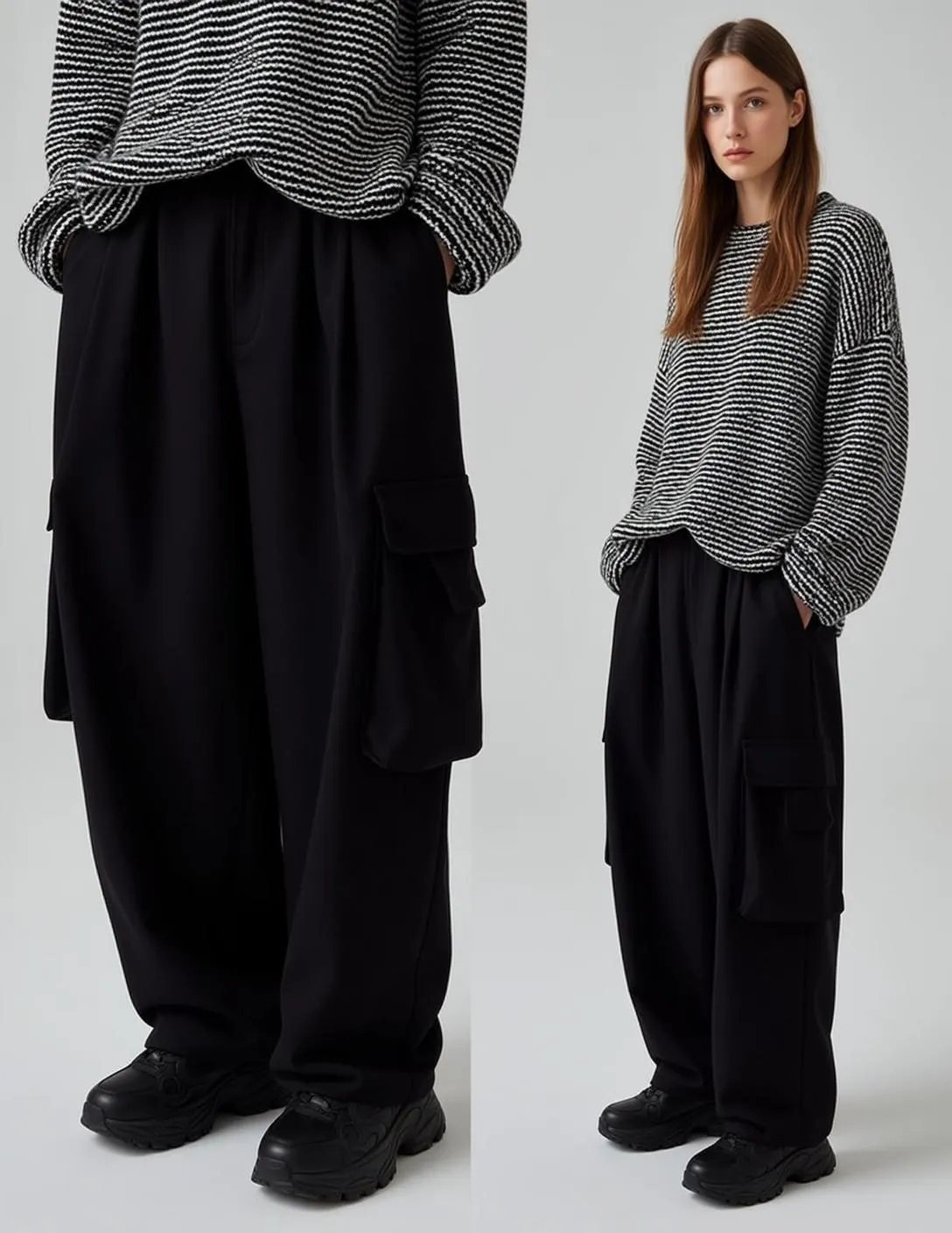 White Sweater and Black Cargo Pants on Studio