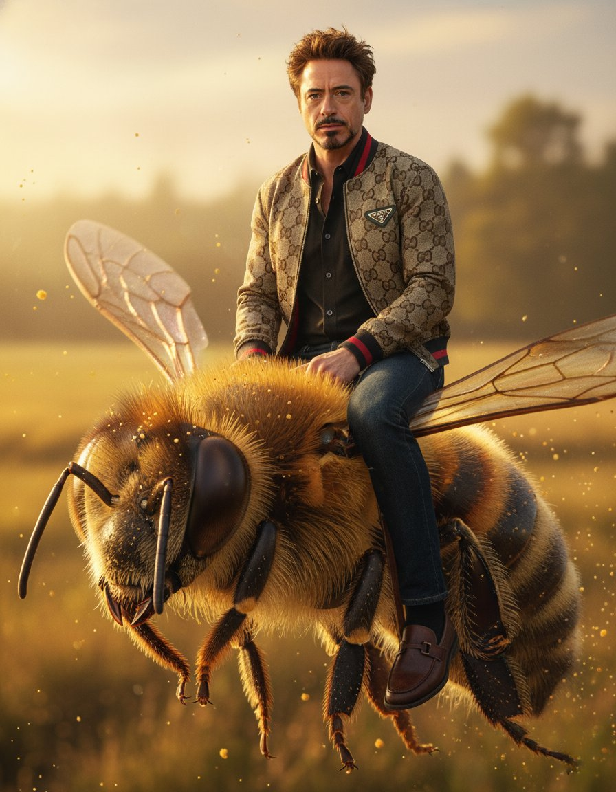 A person in a Gucci outfit riding a giant realistic honeybee amidst golden-hour lighting, featuring intricate details of the bee's wings and eyes.