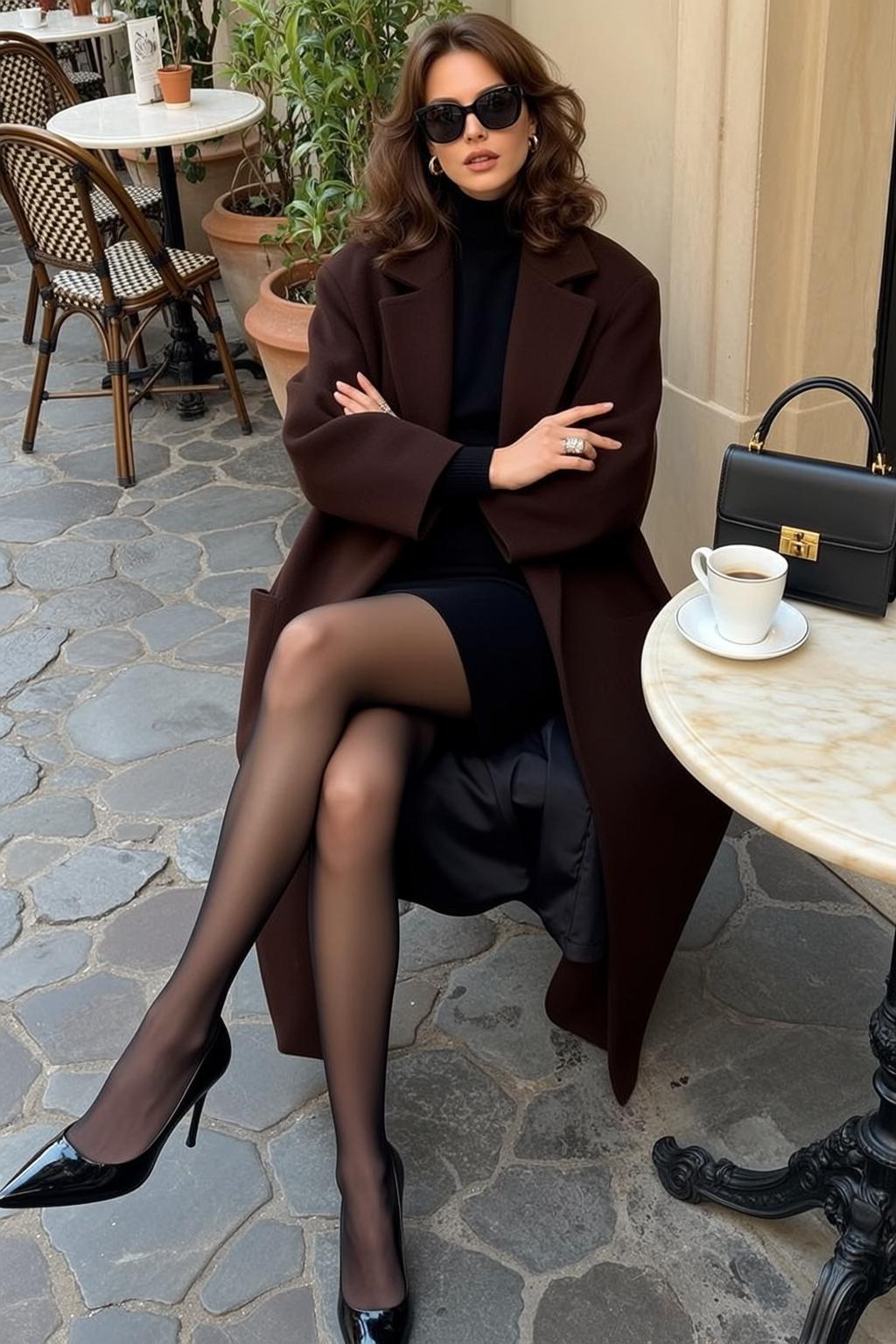 Autumn Seated Outdoor Cafe Her Legs Crossed
