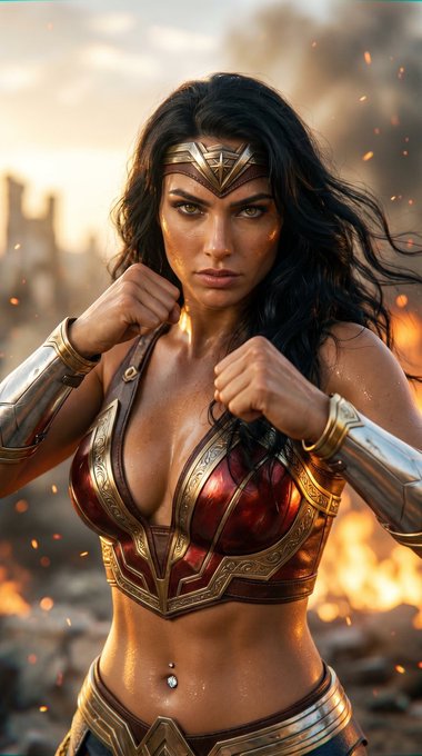 A fierce warrior woman standing in a defensive stance, fists raised, amid a war-torn backdrop with glowing embers.