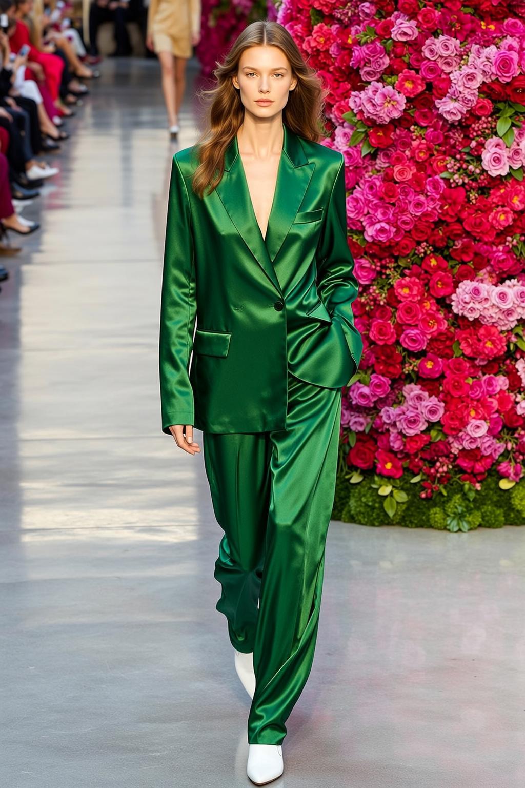 Model On Runway Floral Wall Green Satin Outfit