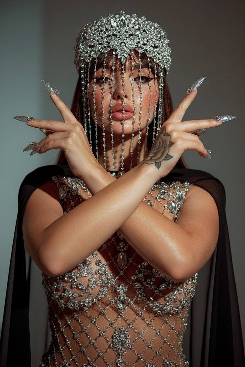 A glamorous portrait of a model wearing a sheer body, showcasing intricate crystal embellishments and a dramatic headdress.
