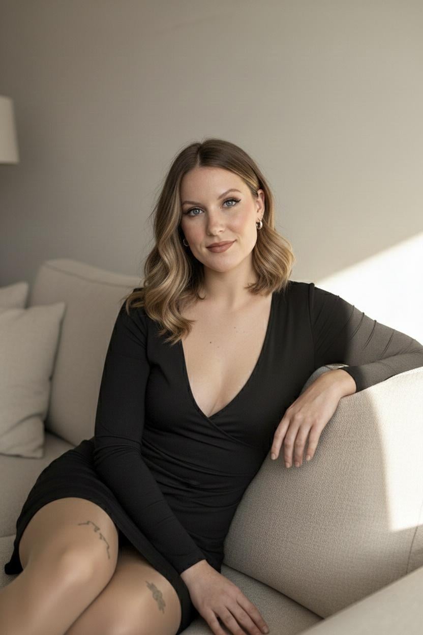 Black Dress Fair Skin Sofa Natural Light Medium Shot
