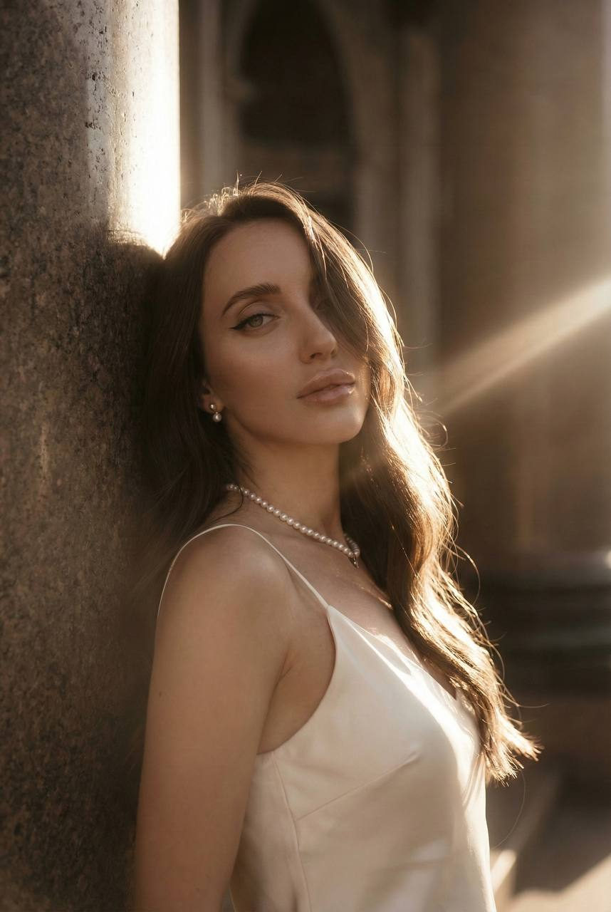 Young woman with long hair leaning against a stone column at sunset, dressed elegantly with pearls.